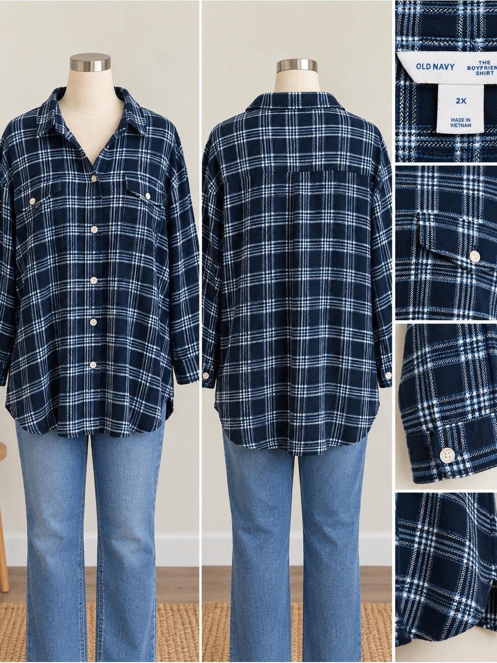 Old Navy Boyfriend Flannel Shirt Size 2X Navy Blue Plaid
